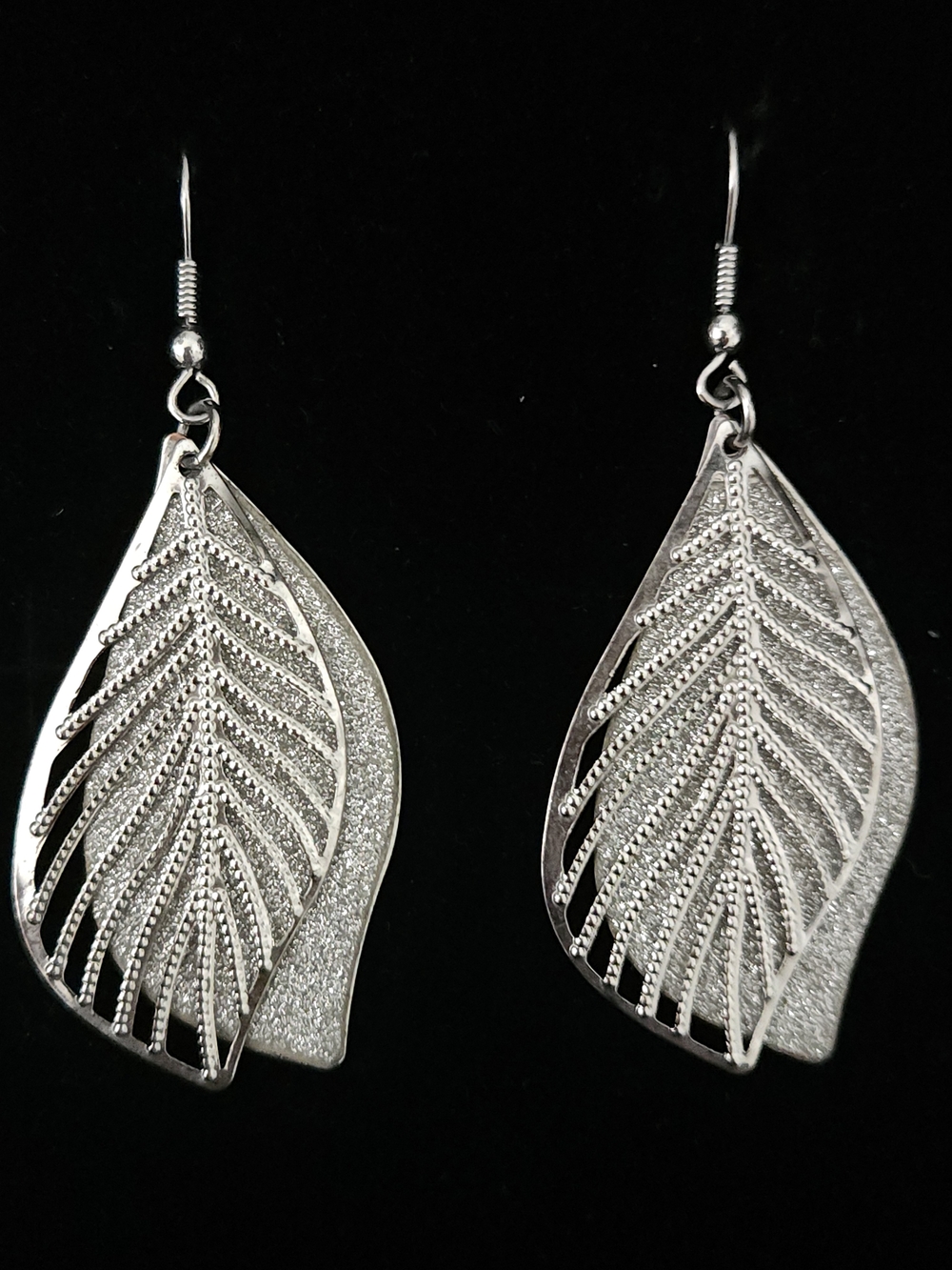 Silver Double Layer Leaf Dangle Earrings